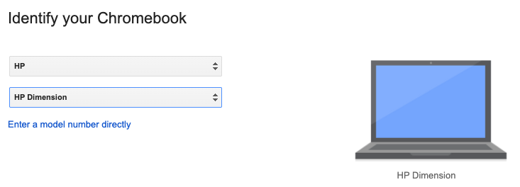 La Utilidad de recuperación de Chromebook muestra el HP Dimension seleccionado
