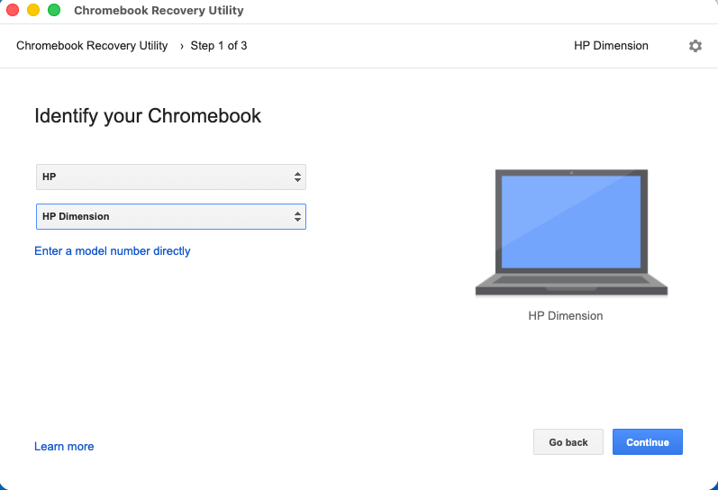 Chromebook-herstelprogramma toont HP Dimension geselecteerd